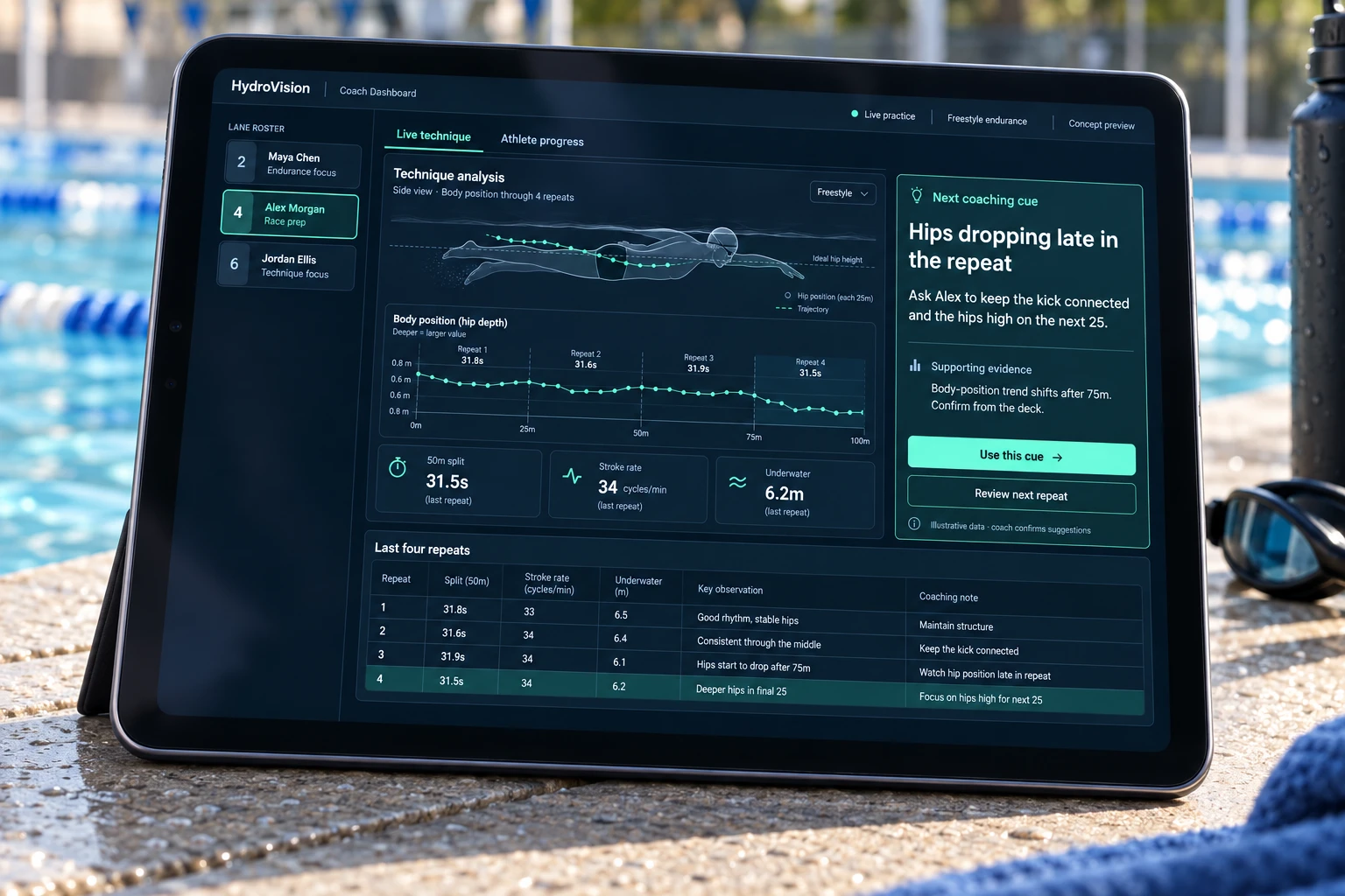Coach Dashboard concept on a poolside tablet