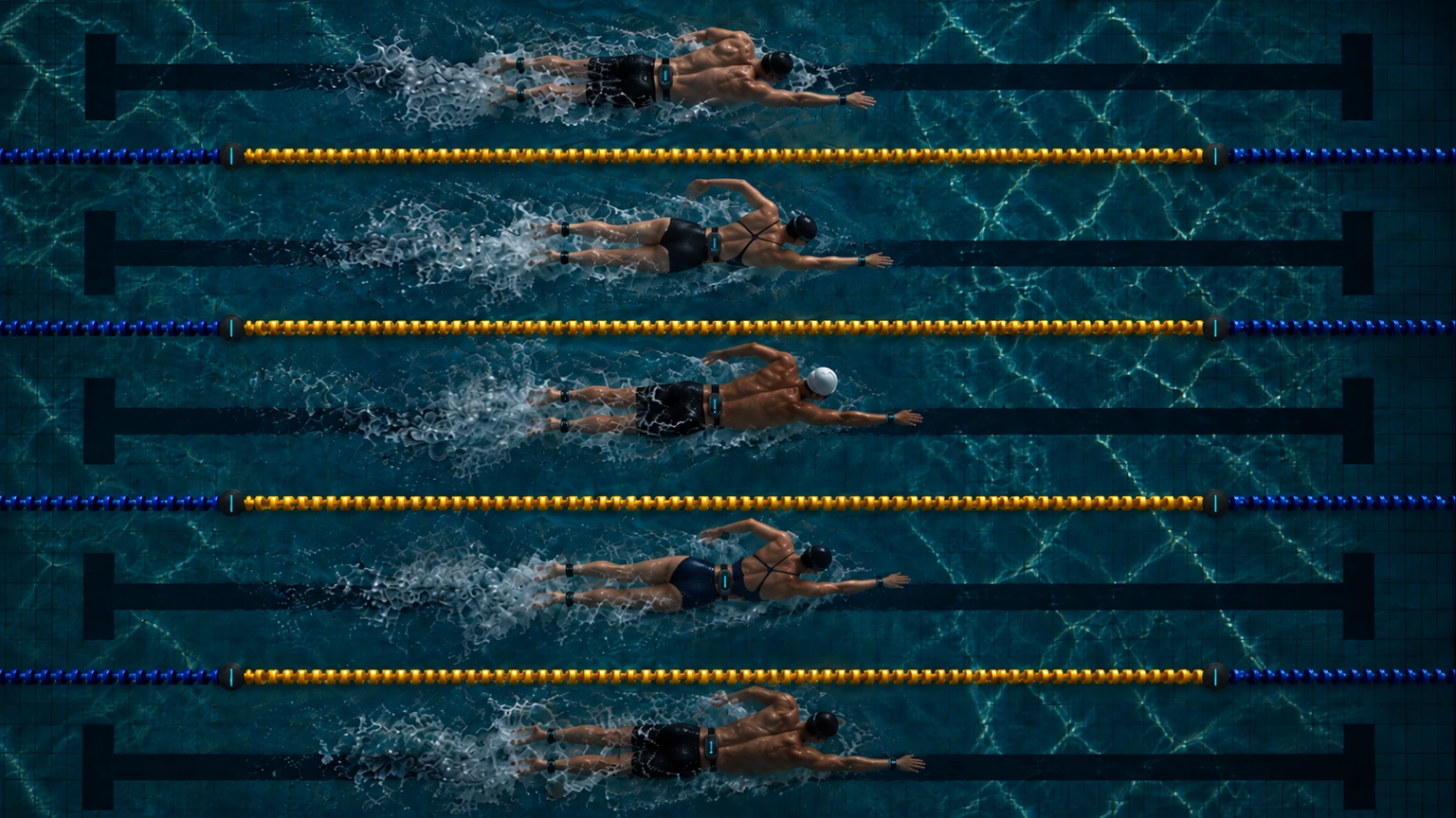 Overhead view of swimmers wearing FlowLink mounts in five pool lanes with Smart Discs on the lane lines
